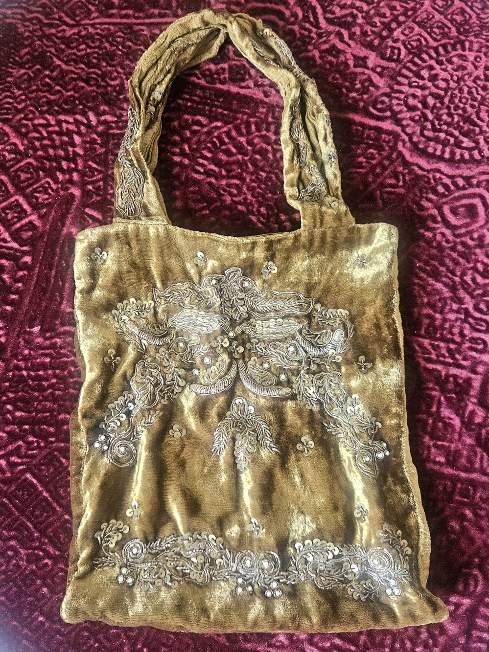 TOCCA Gold Velvet Embroidered Beaded Sequin Statement Bag